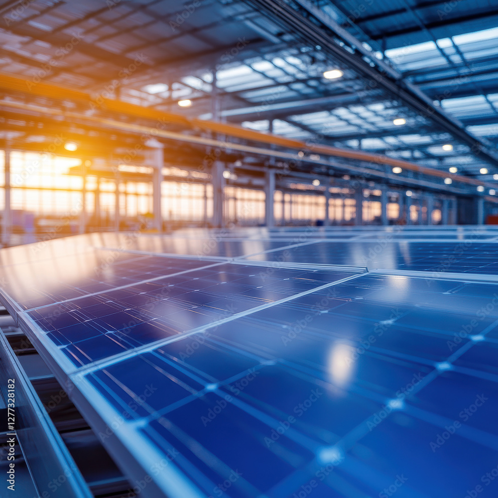 Fototapeta premium Solar energy installation in industrial warehouse photovoltaic panels modern environment aerial view sustainable concept