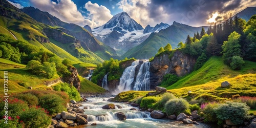 Marvelous Bright Summertime View of Mountain Peaks and Shdugra Waterfall, Mazeri, Georgia photo