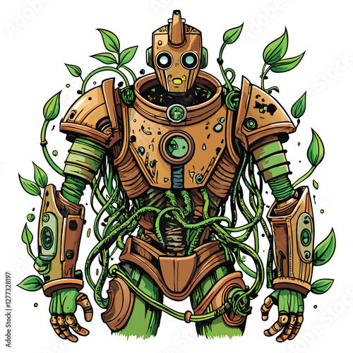 A rusted, dilapidated robot, overgrown with lush green vines and creeping plants, lies abandoned in a forgotten place.