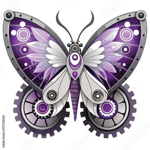 A steampunk butterfly with intricate, clockwork wings, gears, pistons, and brass accents, perched on a vintage mechanism.
