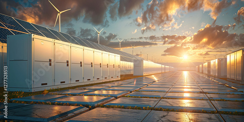 A high-capacity battery storage system efficiently storing renewable energy for uninterrupted power supply, integrated into a modern energy grid.