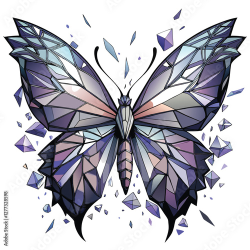 A vibrant butterfly's wings disintegrate into shattered fragments, revealing a dark, abstract background.  Depict the transformation process mid-flight.