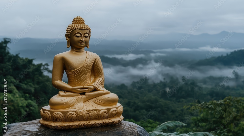 A golden Buddha statue on a mountain summit, surrounded by mist and a tranquil forest view. A golden Buddha statue on a mountain summit, surrounded by mist and a tranquil forest view.