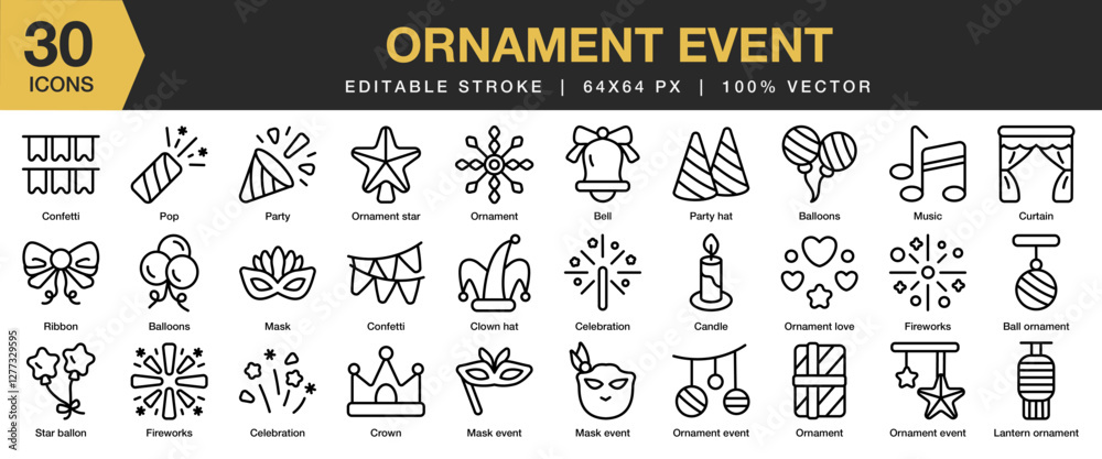 Naklejka premium Ornament Event icon set. Editable Stroke Icon Collection. Includes ornament, event, decoration, greeting, and More. Outline icons vector collection.