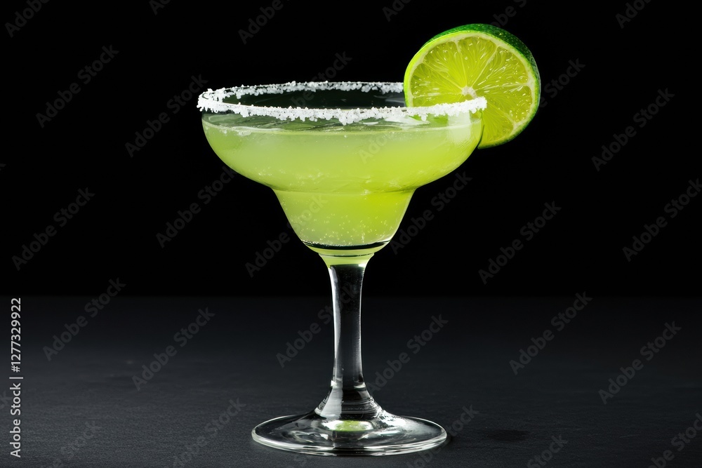Refreshing green margarita cocktail on dark background with lime and salt rim Refreshing green margarita cocktail on dark background with lime and salt rim