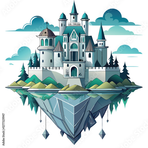 A majestic, upside-down castle floats serenely above a shimmering, reflective surface, its inverted spires mirroring perfectly in the still water below.