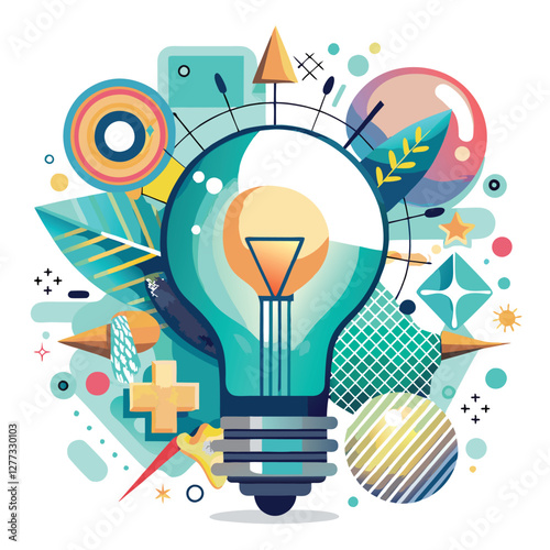 Generate a vibrant image of a glowing lightbulb, centrally positioned, encircled by dynamic abstract shapes and colors, suggesting innovative ideas and creative energy.