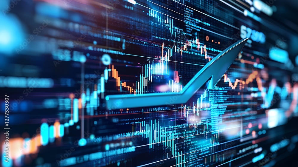 Stock Market Data Visualization with Upward Arrow on a Digital Screen in Blue Stock Market Data Visualization with Upward Arrow on a Digital Screen in Blue