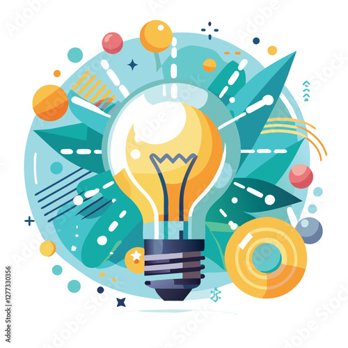 A vibrant, shining lightbulb, radiating light, encircled by abstract, swirling, colorful patterns.  Illustrate innovative thinking.