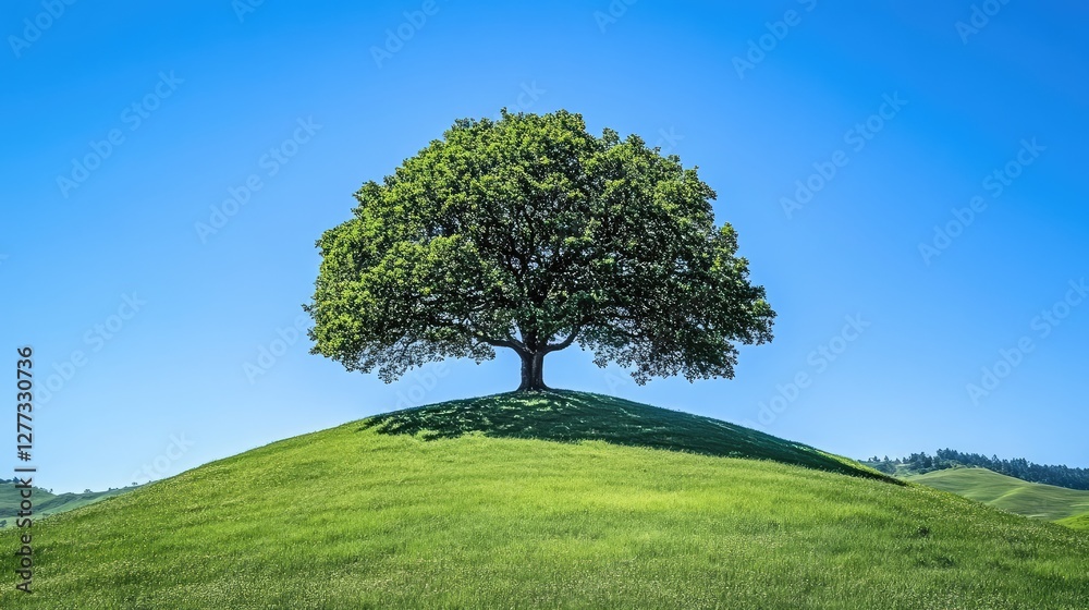 Fototapeta premium A lush green tree standing alone on a hilltop under a clear blue sky, representing inner strength and mental endurance.