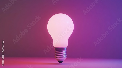 A modern LED light bulb turned on, glowing with a soft white light, surrounded by a neutral, empty background.