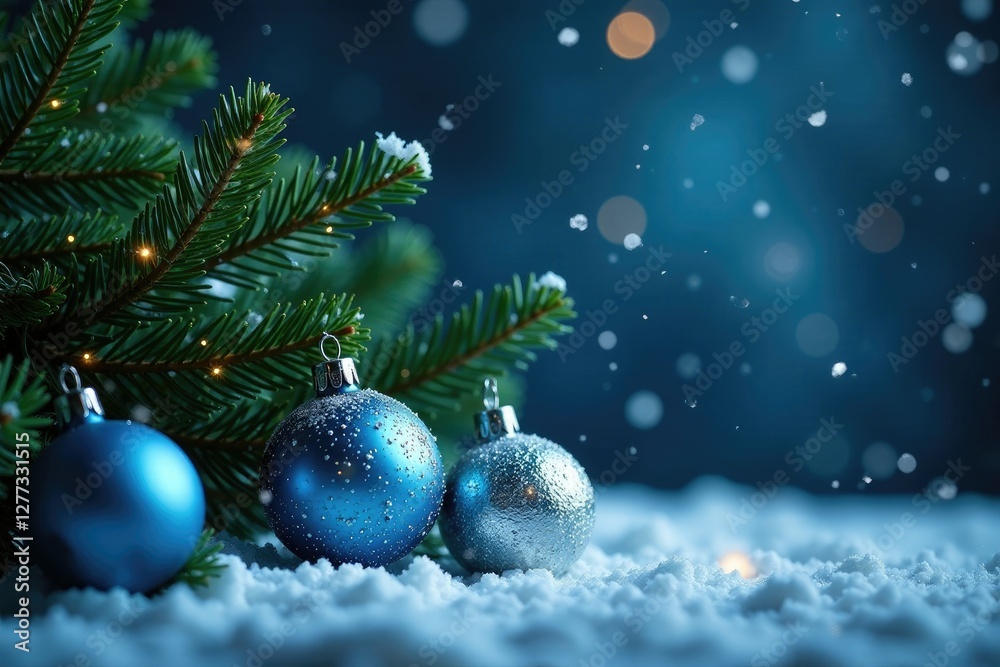 Fototapeta premium Dark winter scene featuring evergreen branches and sparkling blue silver ornaments, silver, winter wonderland