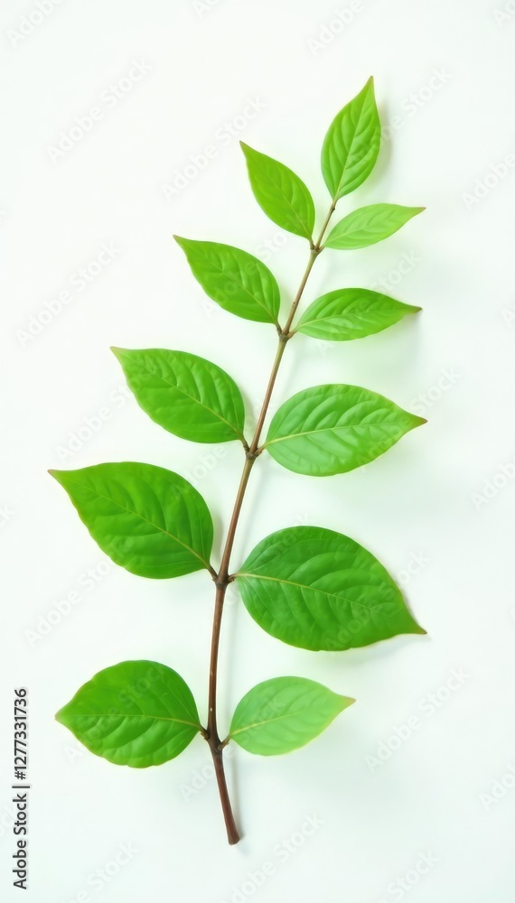 Obraz premium delicate branch of green leaves on white background, serene background, green leaf branch