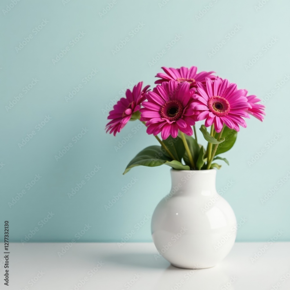 Fuchsia gerber daisies in a simple white ceramic vase on a modern floor, modern, flowers Fuchsia gerber daisies in a simple white ceramic vase on a modern floor, modern, flowers
