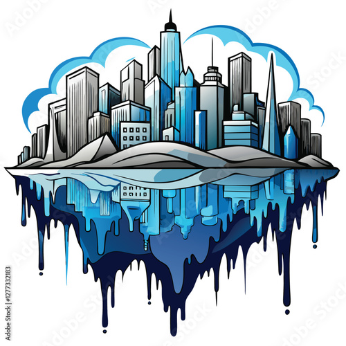 Surreal cityscape melting like wax, buildings dripping, dystopian, apocalyptic, urban decay,  sun-drenched, heatwave.