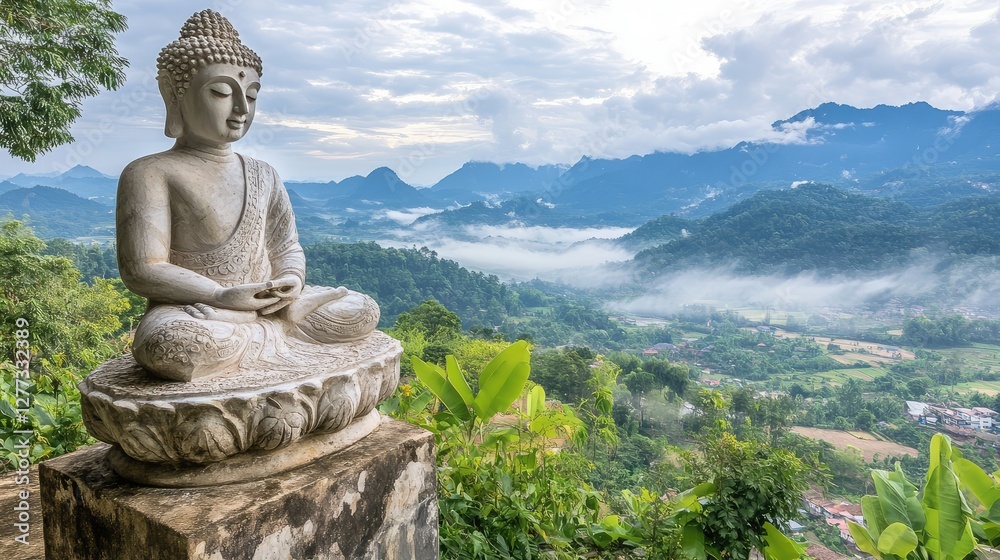 A serene Buddha sculpture on a cliff overlooking lush hills and fog-covered valleys in the distance. A serene Buddha sculpture on a cliff overlooking lush hills and fog-covered valleys in the distance.