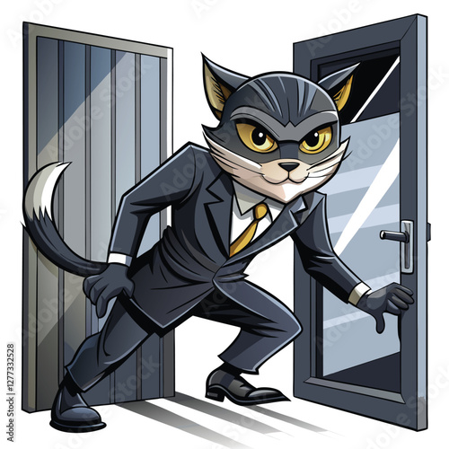 A sleek black cat, wearing a tiny black mask, stealthily perches on a windowsill, poised to burglarize a house.  A mischievous glint in its eyes.