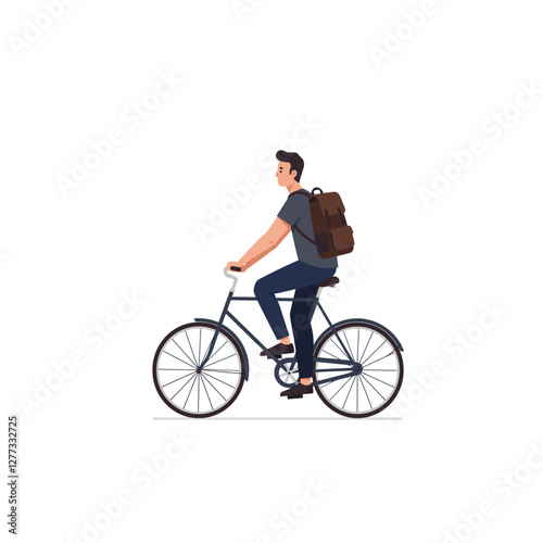 Man Riding Bicycle with Backpack on Isolated White Background Illustration