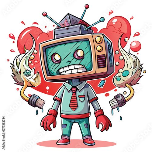Surreal portrait of a person with a vintage television for a head, experiencing a glitch or transformation; vibrant, slightly unsettling, detailed.