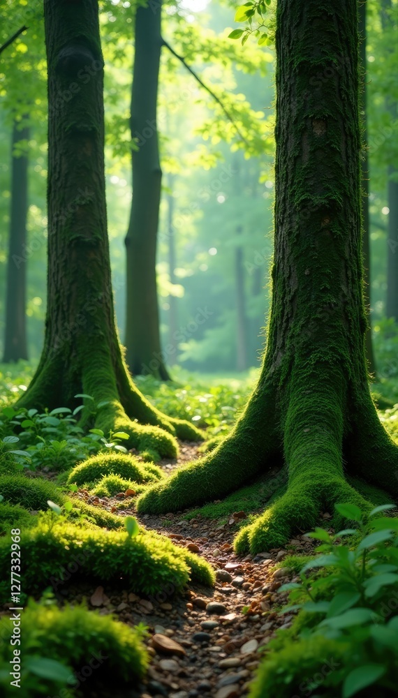 Obraz premium Moss-covered tree trunks in a serene woodland glade, green trees, forest, moss
