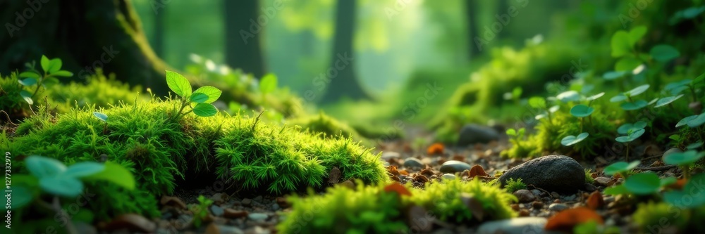 Mossy forest floor with fallen green striped leaves and twigs, plant, green, forest Mossy forest floor with fallen green striped leaves and twigs, plant, green, forest