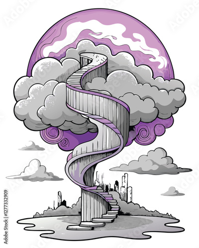Surrealist digital painting of a fluffy white cloud with a disappearing, impossible staircase leading upwards into nothingness;  a sense of wistful disorientation.
