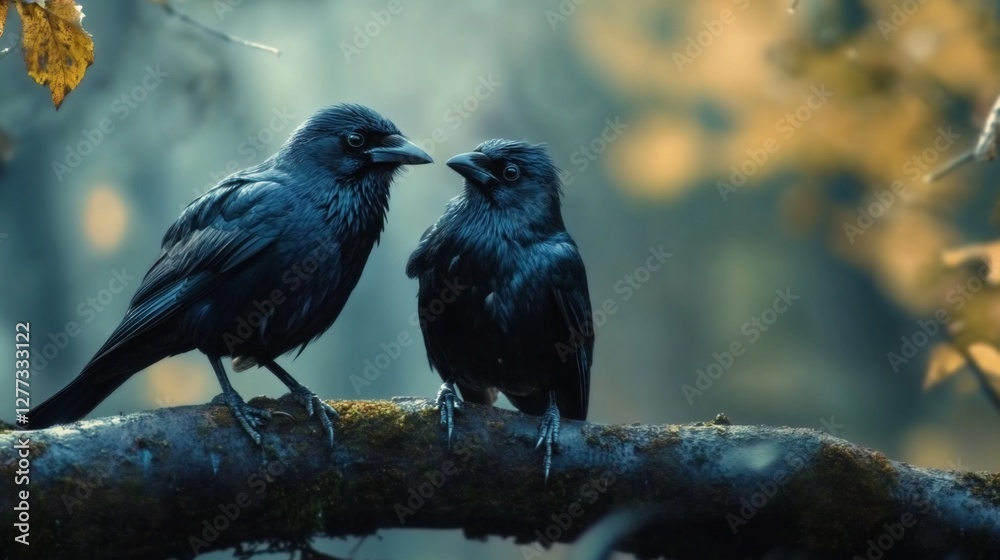 Obraz premium Two crows perched on a mossy branch in a forest, autumn leaves blurred in the background.