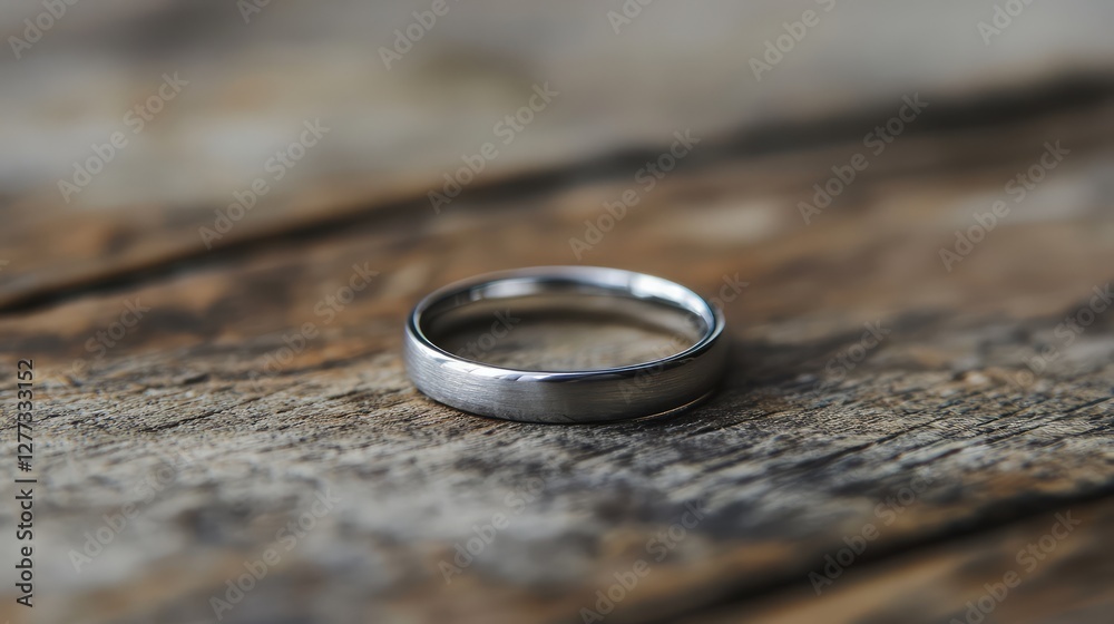 A single silver wedding band resting on a rustic wooden table with soft natural light. A single silver wedding band resting on a rustic wooden table with soft natural light.