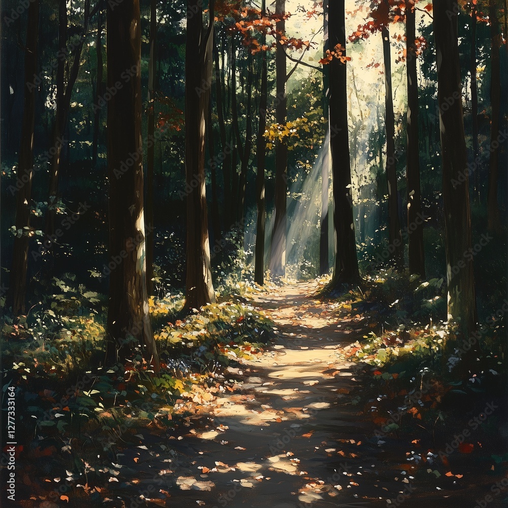 Obraz premium Autumn morning sunlight in the forest