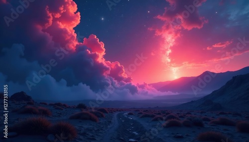 Nocturnal vapors waft across a desolate terrain, smokes, glowing nebulae