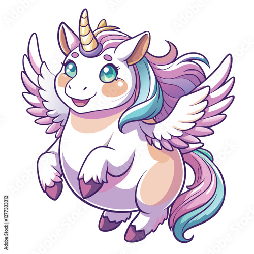 A plump unicorn with tiny, underdeveloped wings attempts flight, comical expression.