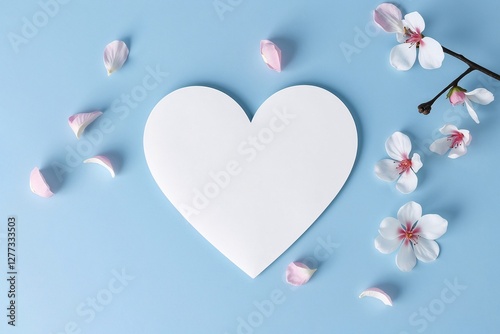 Paper white heart with pink and white flower petals and branch decoration.