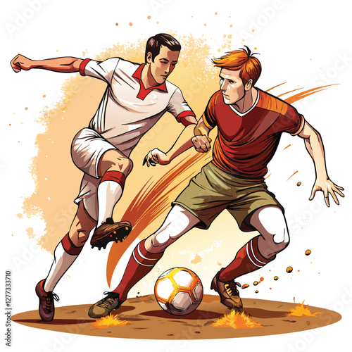 Generate a vibrant illustration of a classic soccer match two players in intense action, one tackling, the other dribbling, showcasing dynamic movement and emotion.