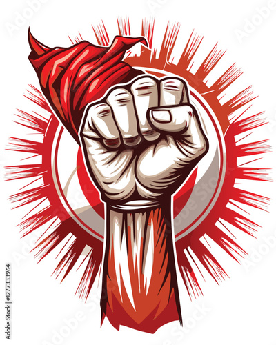 A powerful clenched fist tightly gripping a national flag, signifying victory and triumph; strong lighting, dramatic shadows.