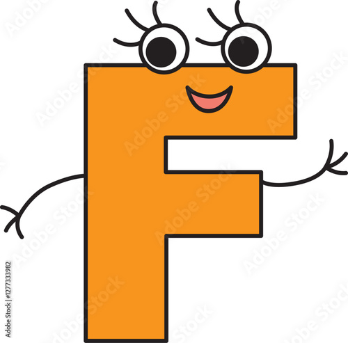 capital letter F with eyes smiling and waving