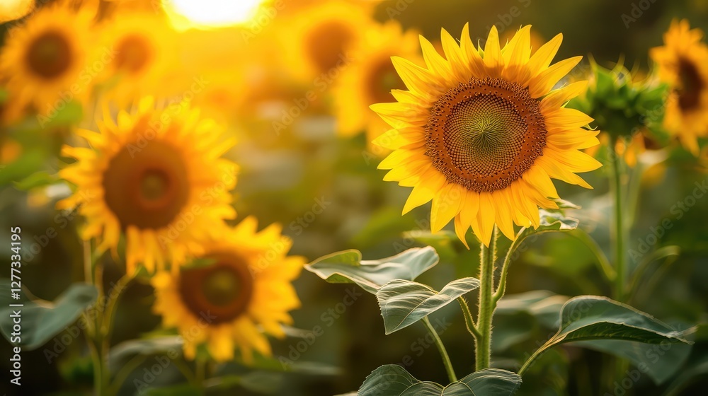 Fototapeta premium A sunflower field in the golden hour, with soft sunlight casting a warm glow over the bright yellow flowers.