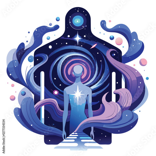 A swirling cosmic portal erupts from a person's chest, vibrant nebulae and starlight radiating outwards.  Intricate details, sci-fi aesthetic.