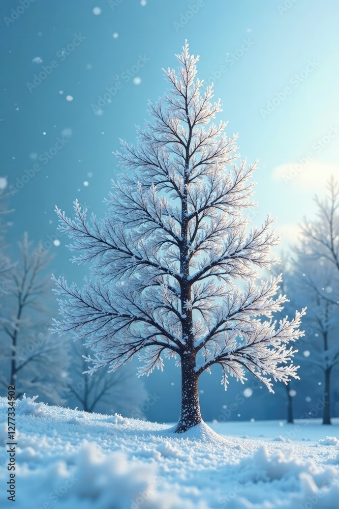 The icy branches of a bare Christmas tree stretch up towards the winter sky with flakes gently falling around it, frosty, bare The icy branches of a bare Christmas tree stretch up towards the winter sky with flakes gently falling around it, frosty, bare