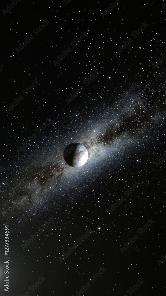 Fototapeta premium Planet orbiting around a galaxy in deep space with many stars