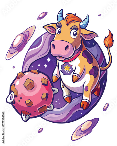 A serene cow, weightlessly floating in the inky blackness of space, peacefully munching on a giant, luminous, celestial carrot.