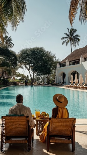 Couple enjoying breakfast by the pool in a tropical luxury hotel in Zanzibar