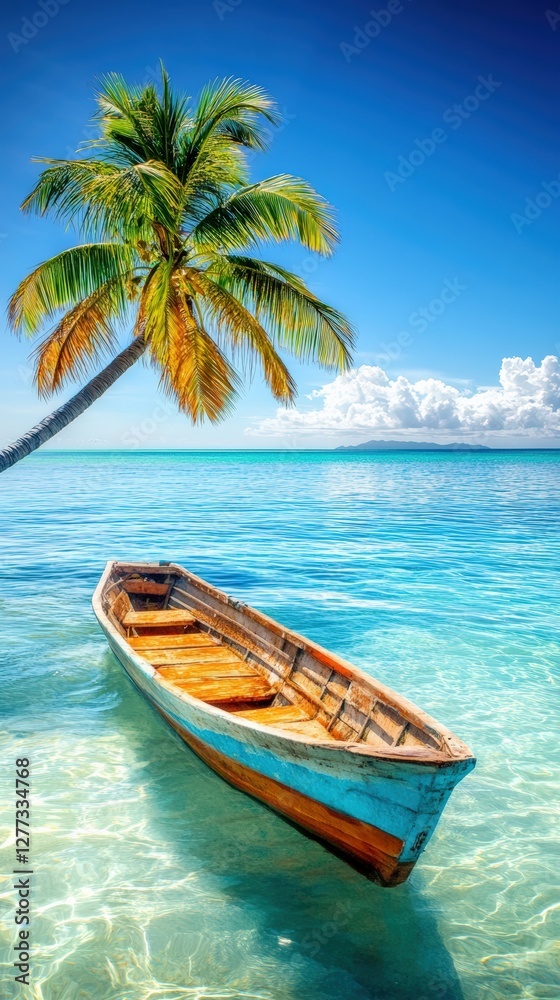 Fototapeta premium Wooden fishing boat floating on crystal clear turquoise water under palm tree