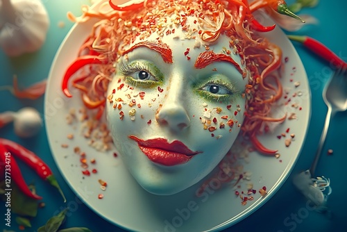 Food art, woman's face, red peppers, plate, still life, gourmet, culinary, creative, artistic, meal photo