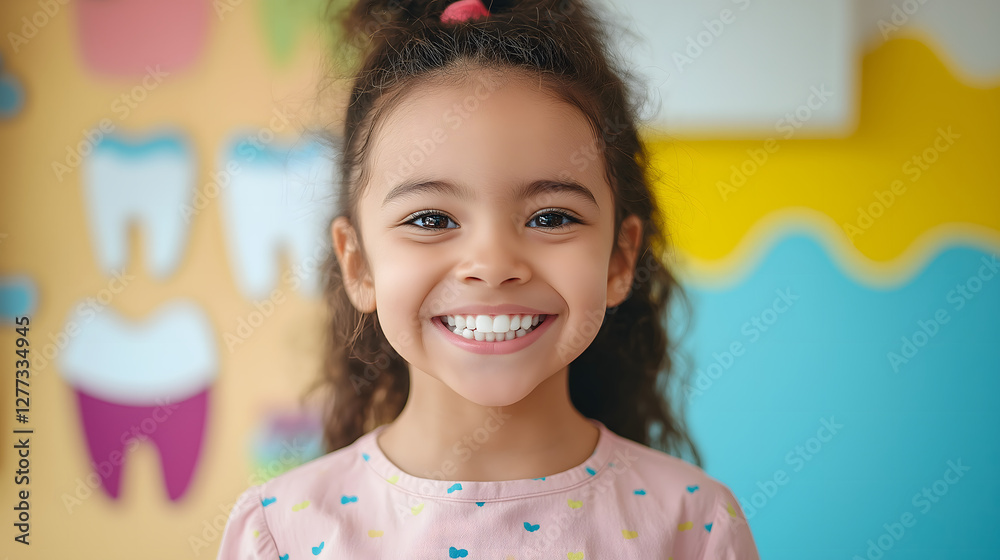 Confident young girl proudly displaying her bright smile in a cheerful dental clinic setting during the day Confident young girl proudly displaying her bright smile in a cheerful dental clinic setting during the day