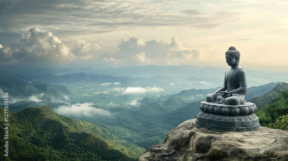 A tranquil Buddha statue atop a mountain, with a clear sky and peaceful clouds floating by. A tranquil Buddha statue atop a mountain, with a clear sky and peaceful clouds floating by.