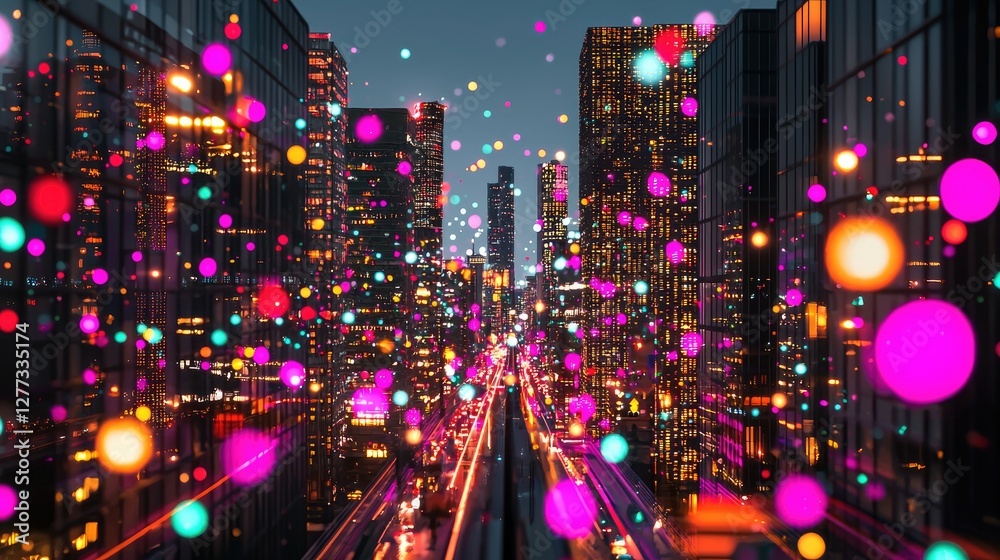 Fototapeta premium City lights at night, colorful bokeh, urban street. Possible stock photo