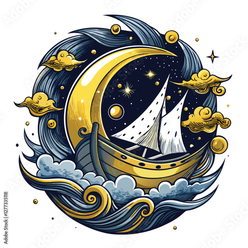 A whimsical illustration of a crescent moon transforming into a sailboat gliding serenely across a starlit sea.