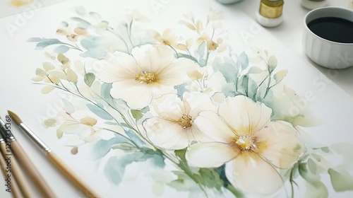 Elegant Watercolor Floral Painting Soft Cream Flowers Green Leaves Botanical Art Artistic Illustration Delicate Nature Romantic Design Pretty Artwork 