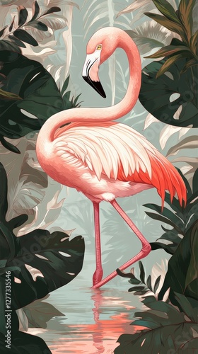 Pink flamingo standing in tropical jungle water with monstera leaves