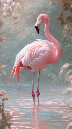 Pink flamingo standing in water with tropical vegetation
